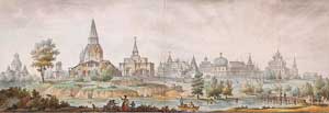 Панорама села Коломенского. XVIII в. Акварель Сухова по рисунку Кваренги. 1930 г.