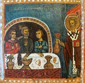 Фрагмент (клеймо) иконы «Никола с Козьмой и Дамианом и житием Николы». Нач. XV в., Новгород. Фрагмент (клеймо) иконы «Никола с Козьмой и Дамианом и житием Николы». Нач. XV в., Новгород.
