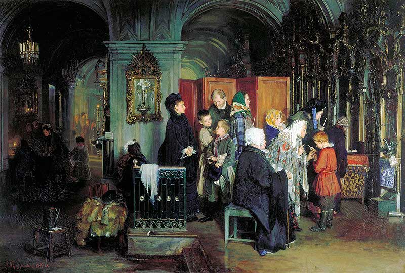 А. Корзухин. «Перед исповедью» (1877). Изображен интерьер Никольского морского собора в Санкт-Петербурге А. Корзухин. «Перед исповедью» (1877). Изображен интерьер Никольского морского собора в Санкт-Петербурге
