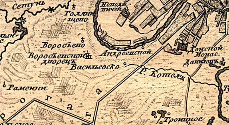 Воробьёвы горы, село Воробьёво, Воробьёвский дворец и Андреевский монастырь на карте Москвы 1766 года Воробьёвы горы, село Воробьёво, Воробьёвский дворец и Андреевский монастырь на карте Москвы 1766 года