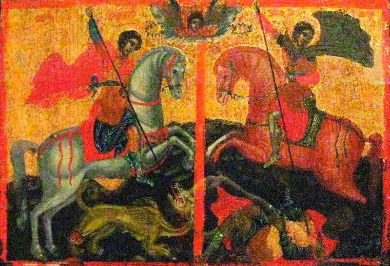 Св. Георгий (слева) и св. Дмитрий (справа). Фрагмент иконы, средние века.