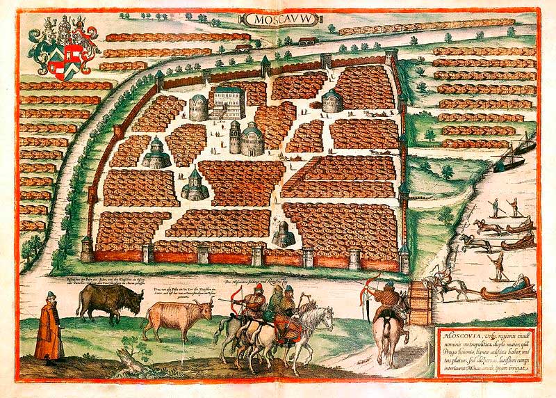 План Москвы из &laquo;Записок о Московии&raquo;, издание 1556 года. Показан Кремль и его окрестности