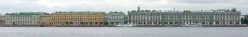 Вид с Невы на комплекс зданий Государственного Эрмитажа: слева направо Эрмитажный театр — Большой Эрмитаж — Малый Эрмитаж — Зимний дворец; (Новый Эрмитаж расположен за Большим) Вид с Невы на комплекс зданий Государственного Эрмитажа: слева направо Эрмитажный театр — Большой Эрмитаж — Малый Эрмитаж — Зимний дворец; (Новый Эрмитаж расположен за Большим)