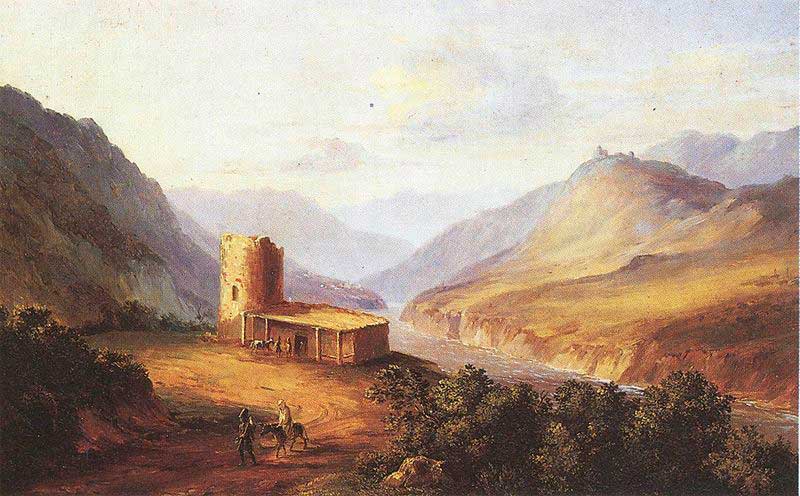 Военно-Грузинская дорога близ Мцхеты (Кавказский вид с саклей). 1837. Картина М. Ю. Лермонтова. Картон, масло.