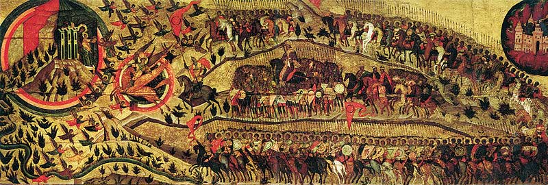 Икона «Благословенно воинство Небесного Царя», написанная в память Казанского похода 1552 года Икона «Благословенно воинство Небесного Царя», написанная в память Казанского похода 1552 года