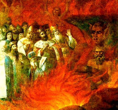 «Лев Толстой в аду». Собрание Музея истории религии и атеизма. 1883 г. На фрагменте стенной росписи из церкви с. Тазова Курской губернии Толстой в объятиях Сатаны. «Лев Толстой в аду». Собрание Музея истории религии и атеизма. 1883 г. На фрагменте стенной росписи из церкви с. Тазова Курской губернии Толстой в объятиях Сатаны.
