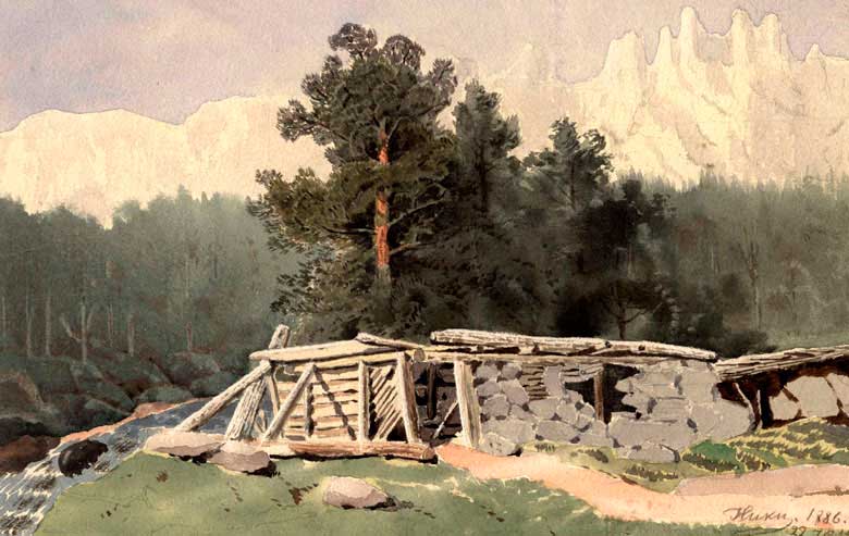 Цесаревич Николай Александрович Горный пейзаж. 1886 Бумага, акварель Подпись на рисунке: «Ники. 1886. 22 июля» Рисунок наклеен на паспарту Цесаревич Николай Александрович Горный пейзаж. 1886 Бумага, акварель Подпись на рисунке: «Ники. 1886. 22 июля» Рисунок наклеен на паспарту