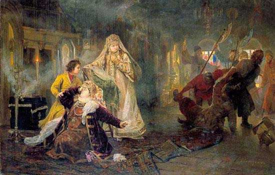 Мятеж стрельцов в 1682. Стрельцы выволакивают из дворца Ивана Нарышкина. Пока Пётр I утешает мать, царевна Софья наблюдает с удовлетворением. Картина А. И. Корзухина, 1882