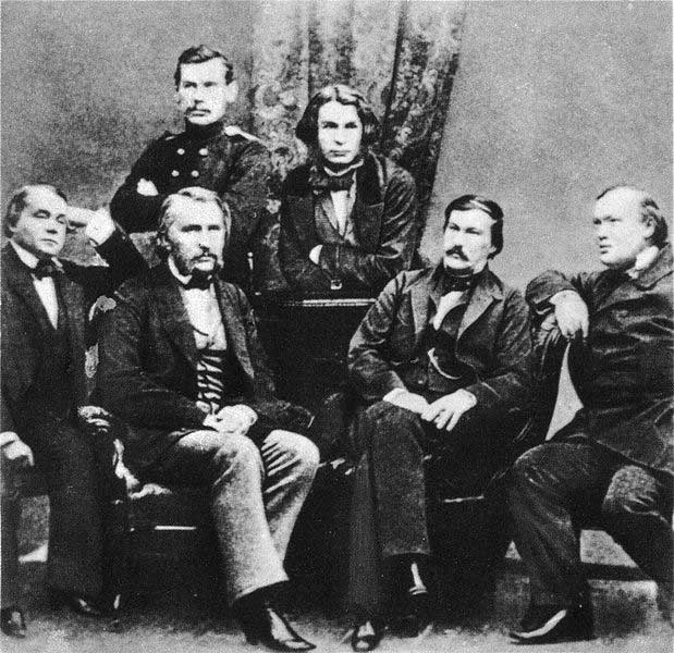 Русские писатели круга журнала «Современник». И. А. Гончаров, И. С. Тургенев, Л. Н. Толстой, Д. В. Григорович, А. В. Дружинин и А. Н. Островский (1856). Фотография С. Л. Левицкого. Русские писатели круга журнала «Современник». И. А. Гончаров, И. С. Тургенев, Л. Н. Толстой, Д. В. Григорович, А. В. Дружинин и А. Н. Островский (1856). Фотография С. Л. Левицкого.