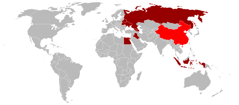 Страны, эксплуатирующие Ту-16/H-6 помечены ярко-красным, снявшие с вооружения &mdash; тёмно-красным.