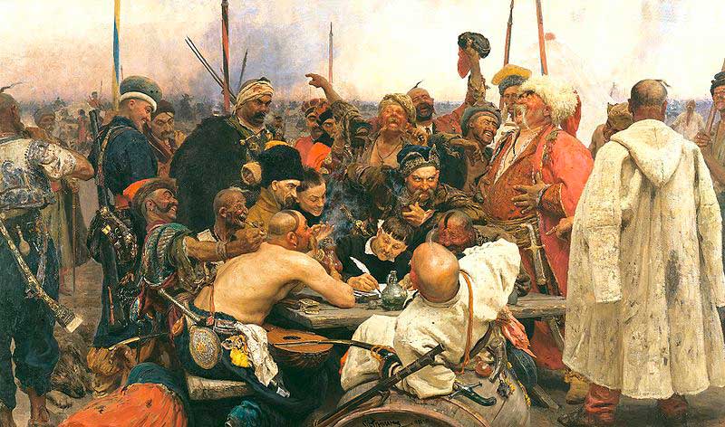 И. Репин. &laquo;Запорожцы пишут письмо турецкому султану&raquo;. Для хохочущего казака в белой папахе и красной свитке позировал Гиляровский.