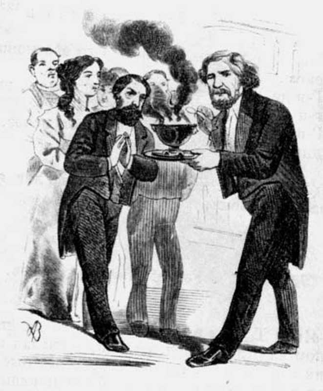 Карикатура А. М. Волкова на роман Тургенева «Дым». «Искра». 1867. № 14. — Какой неприятный запах — фи! — Дым догорающей известности, чад тлеющего таланта… — Тс с, господа! И дым Тургенева нам сладок и приятен! Карикатура А. М. Волкова на роман Тургенева «Дым». «Искра». 1867. № 14. — Какой неприятный запах — фи! — Дым догорающей известности, чад тлеющего таланта… — Тс с, господа! И дым Тургенева нам сладок и приятен!