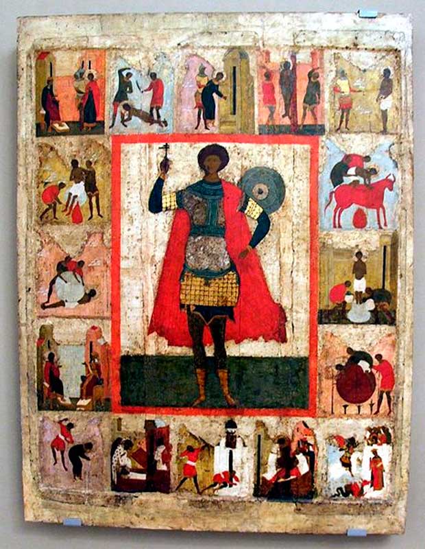 Житийная икона св. Георгия. В клеймах можно разглядеть различные пытки, в том числе и те, которых нет в стандартном списке &mdash; например, как его жгут в медном раскалённом докрасна быке
