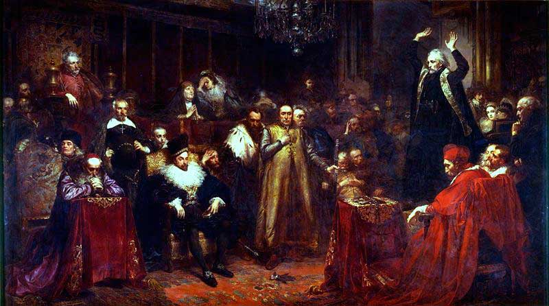 Проповедь Скарги, Ян Матейко, 1862 г, масло, холст, 224 x 397 см, Королевский дворец в Варшаве. Петр Скарга (стоит справа) читает проповедь. Король Сигизмунд III сидит в первом ряду, левее от центра. Левее и выше короля стоит его сын, будущий король Владислав IV Ваза. Проповедь Скарги, Ян Матейко, 1862 г, масло, холст, 224 x 397 см, Королевский дворец в Варшаве. Петр Скарга (стоит справа) читает проповедь. Король Сигизмунд III сидит в первом ряду, левее от центра. Левее и выше короля стоит его сын, будущий король Владислав IV Ваза.