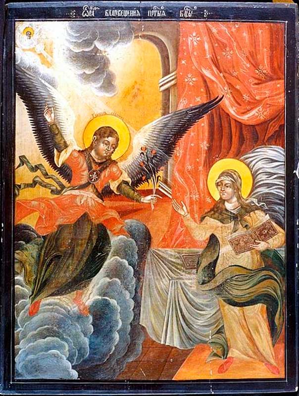 Архангел Гавриил, дарящий красные цветы Богородице в Благовещенье. Россия. XVIII век