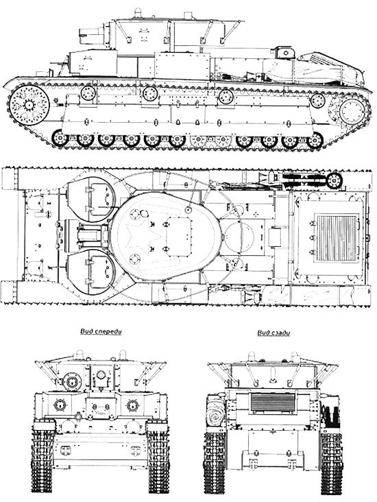 Проекции танка Т-28 образца 1935 года (с пушкой КТ-28 и поручневой антенной) Проекции танка Т-28 образца 1935 года (с пушкой КТ-28 и поручневой антенной)