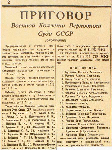 Приговор по делу Бухарина-Рыкова-Ягоды, март 1938 Приговор по делу Бухарина-Рыкова-Ягоды, март 1938