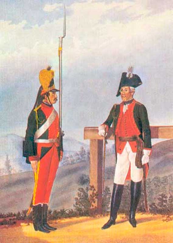 Рядовой и обер-офицер пехотного полка в форме 1786—1796 годов Рядовой и обер-офицер пехотного полка в форме 1786—1796 годов