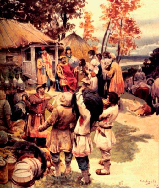 Князь Игорь собирает дань с древлян в 945. Художник К. В. Лебедев