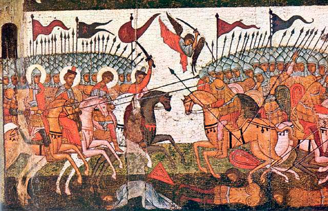 Битва новгородцев и суздальцев в 1170 году, фрагмент иконы 1460 года Битва новгородцев и суздальцев в 1170 году, фрагмент иконы 1460 года