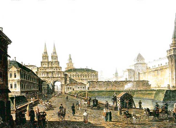 Дорога к Московскому Кремлю у Иверских (Воскресенских) ворот. Акварель начала XIX в. Дорога к Московскому Кремлю у Иверских (Воскресенских) ворот. Акварель начала XIX в.