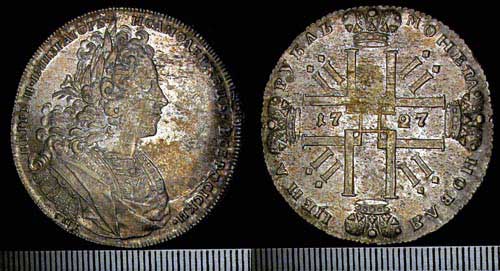 Рубль Петра II серебром. 1727 Рубль Петра II серебром. 1727