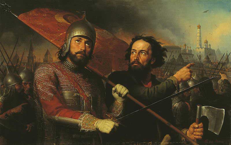 М. И. Скотти. «Минин и Пожарский» (1850). Красное знамя с иконой, которое несёт князь, исторически достоверно. М. И. Скотти. «Минин и Пожарский» (1850). Красное знамя с иконой, которое несёт князь, исторически достоверно.