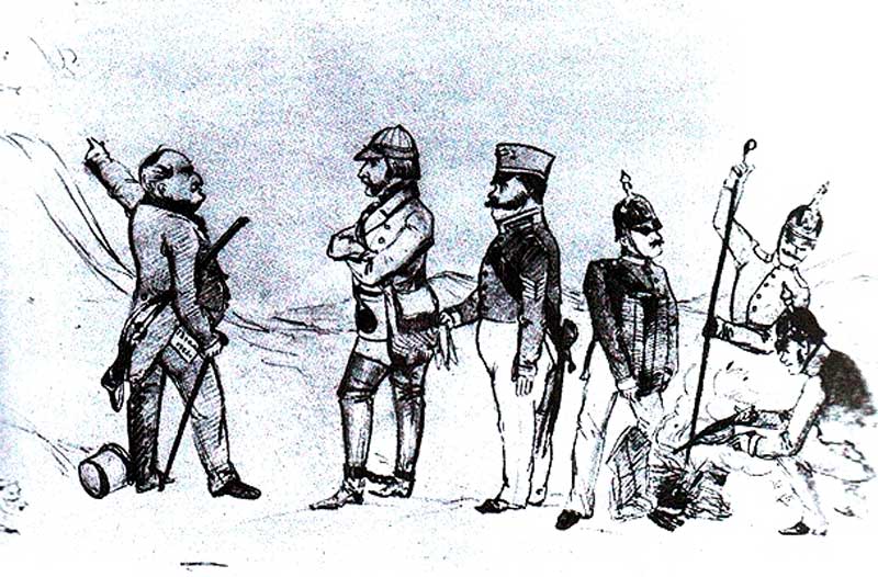 Сжигание «Записок охотника», карикатура Л. Н. Вакселя. 1852. Писатель в охотничьем костюме, с кандалами на ногах. Мусин-Пушкин показывает на острог, у него отобранные рукописи и ружьё Тургенева. За спиной Тургенева — костёр с рукописями. В левом нижнем углу — кошка, сжимающая в лапах соловья Сжигание «Записок охотника», карикатура Л. Н. Вакселя. 1852. Писатель в охотничьем костюме, с кандалами на ногах. Мусин-Пушкин показывает на острог, у него отобранные рукописи и ружьё Тургенева. За спиной Тургенева — костёр с рукописями. В левом нижнем углу — кошка, сжимающая в лапах соловья