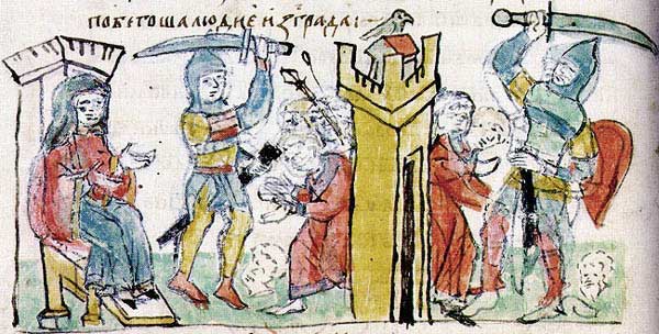 Четвёртая месть Ольги древлянам. Миниатюра из Радзивилловской летописи. Четвёртая месть Ольги древлянам. Миниатюра из Радзивилловской летописи.