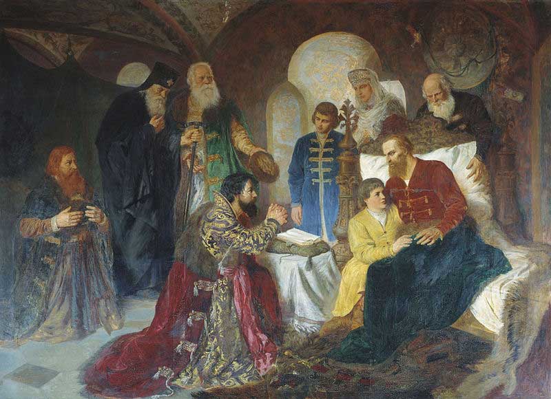 Котарбинский В. А. «Больной князь Дмитрий Пожарский принимает московских послов», 1882. Котарбинский В. А. «Больной князь Дмитрий Пожарский принимает московских послов», 1882.