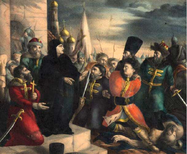 «Царица Марфа обличает Лжедмитрия». Раскрашенная литография по эскизу В. Бабушкина, середина XIX века «Царица Марфа обличает Лжедмитрия». Раскрашенная литография по эскизу В. Бабушкина, середина XIX века