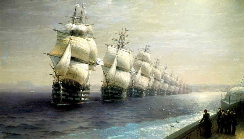 Смотр Черноморского флота в 1849 году (первым идет флагман &laquo;12 Апостолов&raquo;)