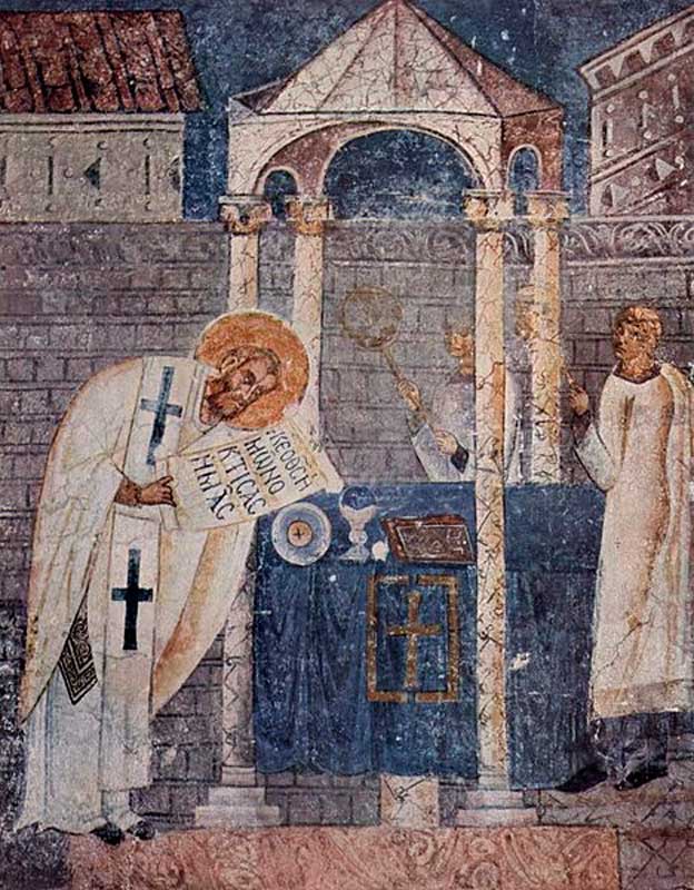 Василий Великий совершает литургию (фреска кафедрального собора в Охриде)