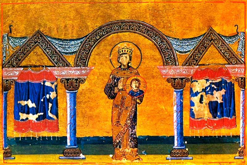 Императрица Феодора (с иконой в руках). Миниатюра из Минология Василия II, конец X &mdash; начало XI века