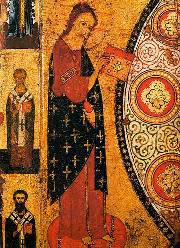 Фрагмент иконы: Иисус Христос, фрагмент нимба, святые Иоанн Златоуст и Кирилл Александрийский Фрагмент иконы: Иисус Христос, фрагмент нимба, святые Иоанн Златоуст и Кирилл Александрийский