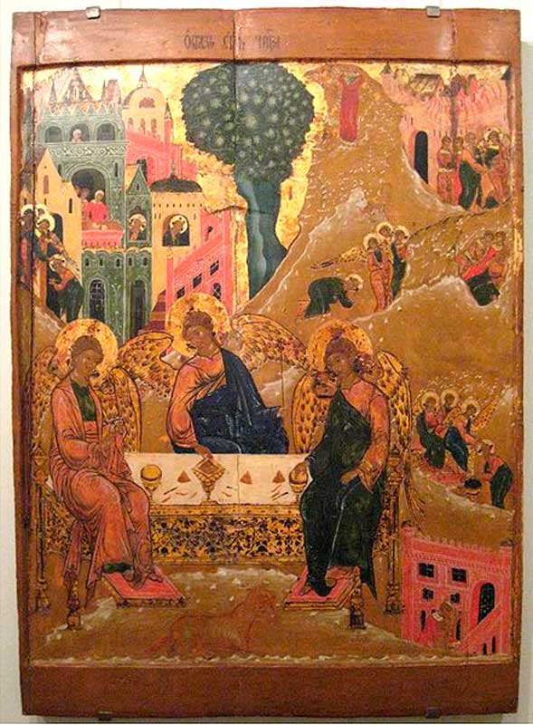 «Троица Ветхозаветная (с хождением)», икона XVII века.
Композиция включает сцены хождения Троицы: Авраам встречает ангелов, омывает им ноги, Сарра месит тесто, слуга закалывает тельца, Авраам провожает ангелов, ангел выводит Лота с дочерьми из Содома, жена Лота обращается в столп, Лот с дочерьми. Всех этих подробностей нет в иконе Рублёва «Троица Ветхозаветная (с хождением)», икона XVII века.
Композиция включает сцены хождения Троицы: Авраам встречает ангелов, омывает им ноги, Сарра месит тесто, слуга закалывает тельца, Авраам провожает ангелов, ангел выводит Лота с дочерьми из Содома, жена Лота обращается в столп, Лот с дочерьми. Всех этих подробностей нет в иконе Рублёва