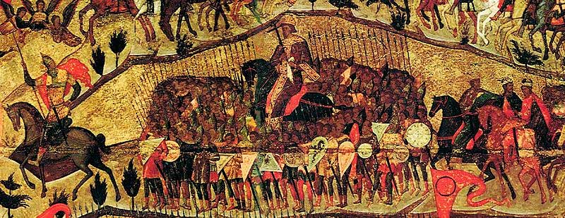 Центральный ряд воинов.
Слева направо: Иван Грозный, Владимир Мономах (или Константин Великий), князь Владимир, Борис и Глеб Центральный ряд воинов.
Слева направо: Иван Грозный, Владимир Мономах (или Константин Великий), князь Владимир, Борис и Глеб