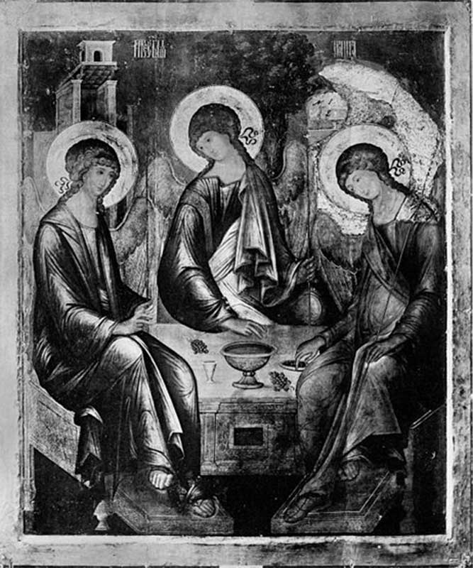 Икона в 1904 году с только что снятым окладом. Подлинная живопись скрыта под слоем записи конца XIX в. В правом верхнем углу на фоне — пробное удаление записей, сделанное в 1904 г. (голова и плечо правого ангела и фон с горкой). Икона в 1904 году с только что снятым окладом. Подлинная живопись скрыта под слоем записи конца XIX в. В правом верхнем углу на фоне — пробное удаление записей, сделанное в 1904 г. (голова и плечо правого ангела и фон с горкой).